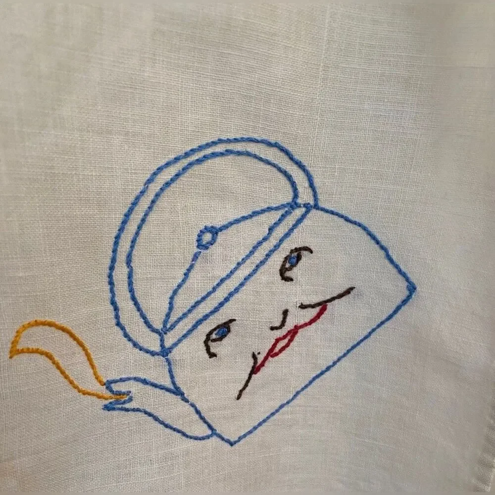 Vintage Tablecloth Cream Linen Small Embroidered Teapot 27x28” Grandmacore Read*